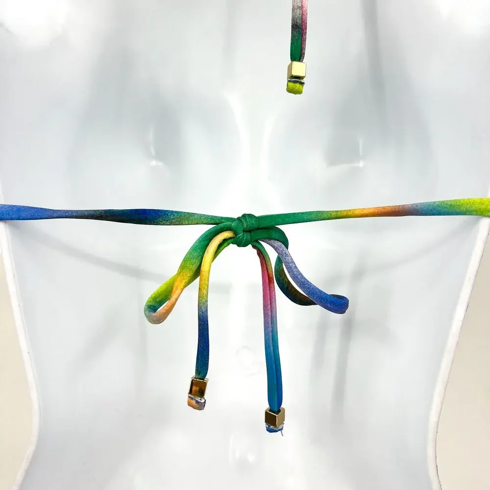 BECCA Paper Mache Cheryl Reversible Triangle Bikini Top Small Rainbow Blue NWT